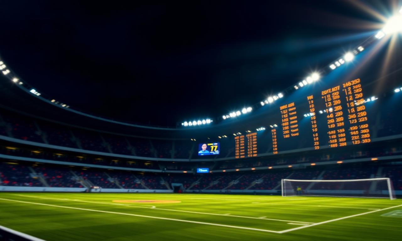 Sportstadion bij avond met scoreboard en odds-displays